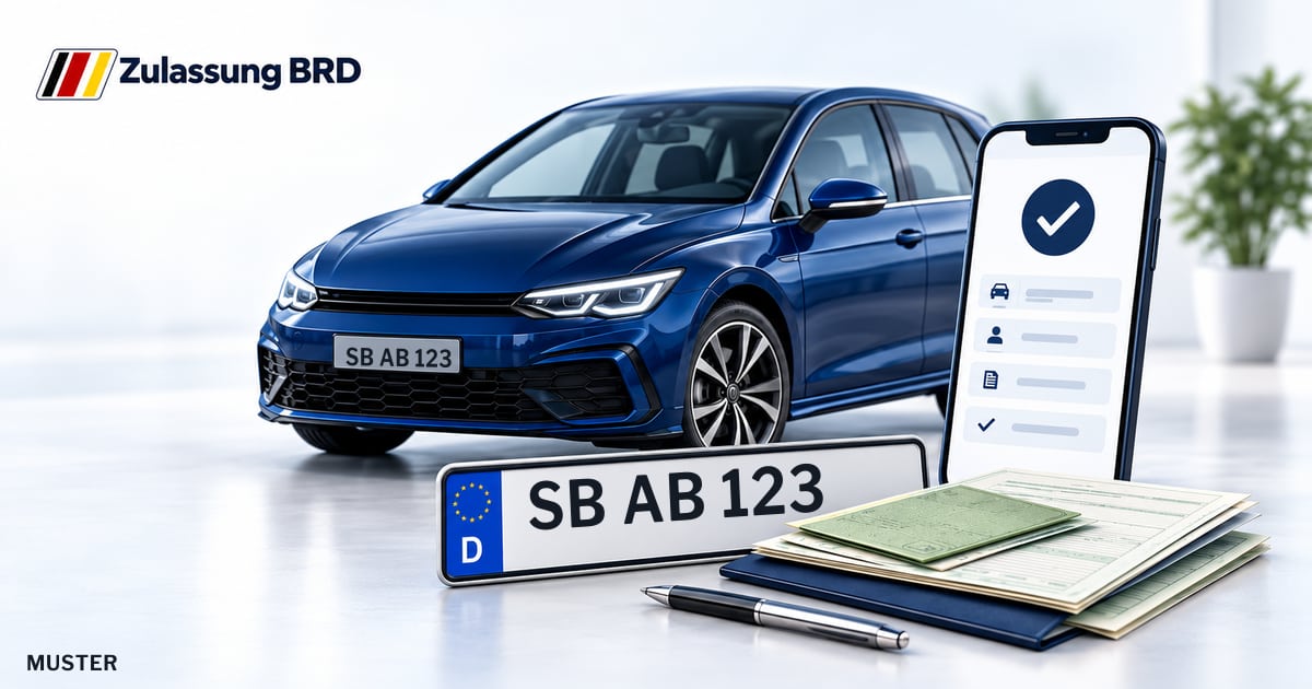 Online Fahrzeugzulassung in Kleinblittersdorf: Musterkennzeichen SB AB 123, Auto und Fahrzeugpapiere und Smartphone. Illustration mit Logo von Zulassung BRD.